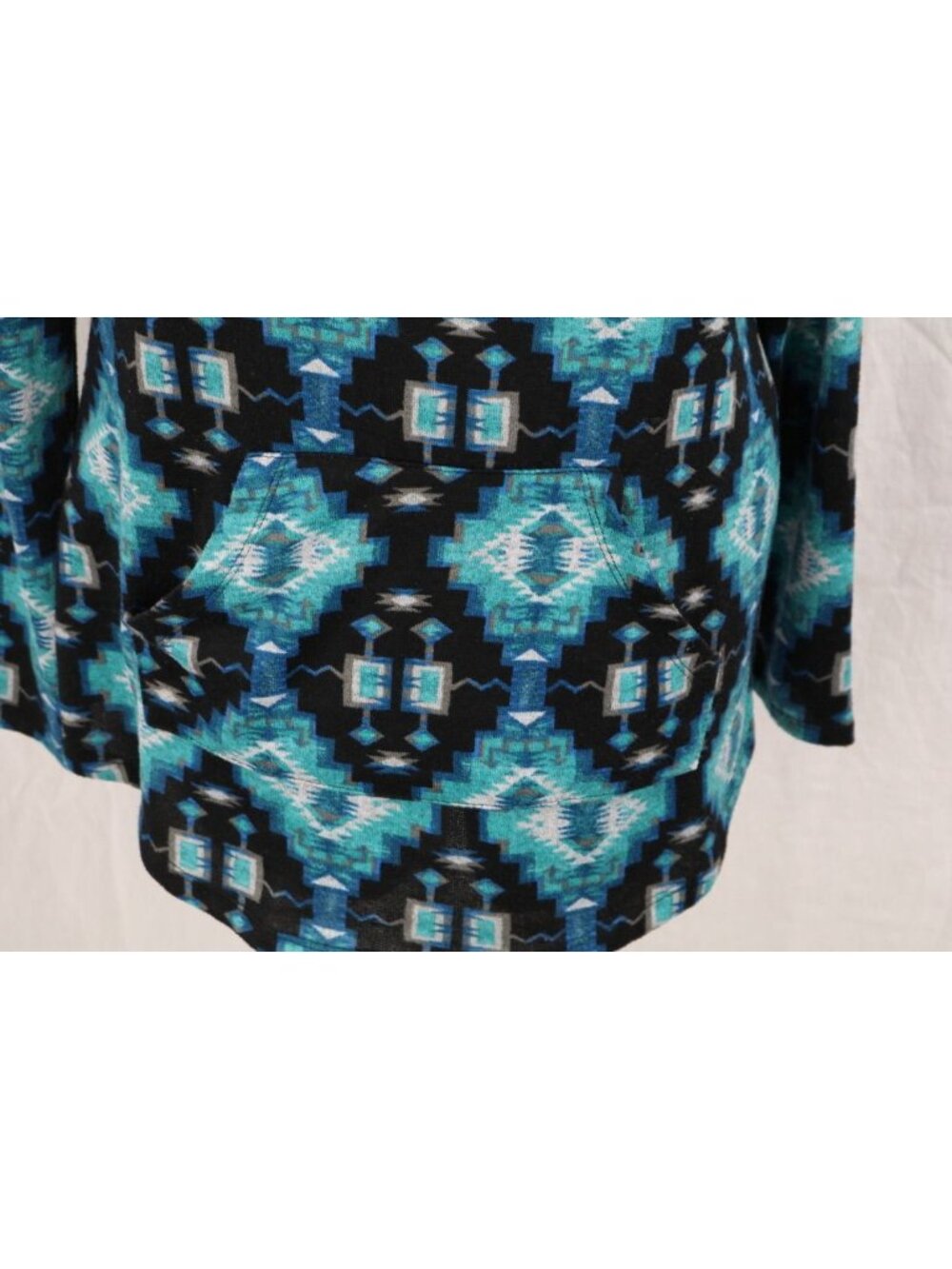 Aztec Southwestern Top Womens 1X Teal Black Cowl Neck Hoodie Kangaroo Pocket VTG - Picture 7 of 12
